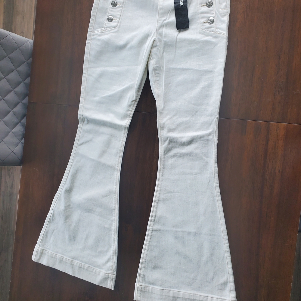 Express White Bell Flare Jeans with Button Accents
